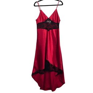 Vintage Victorias Secret Gold Label Red Satin Black Lace Slip‎ Dress Medium